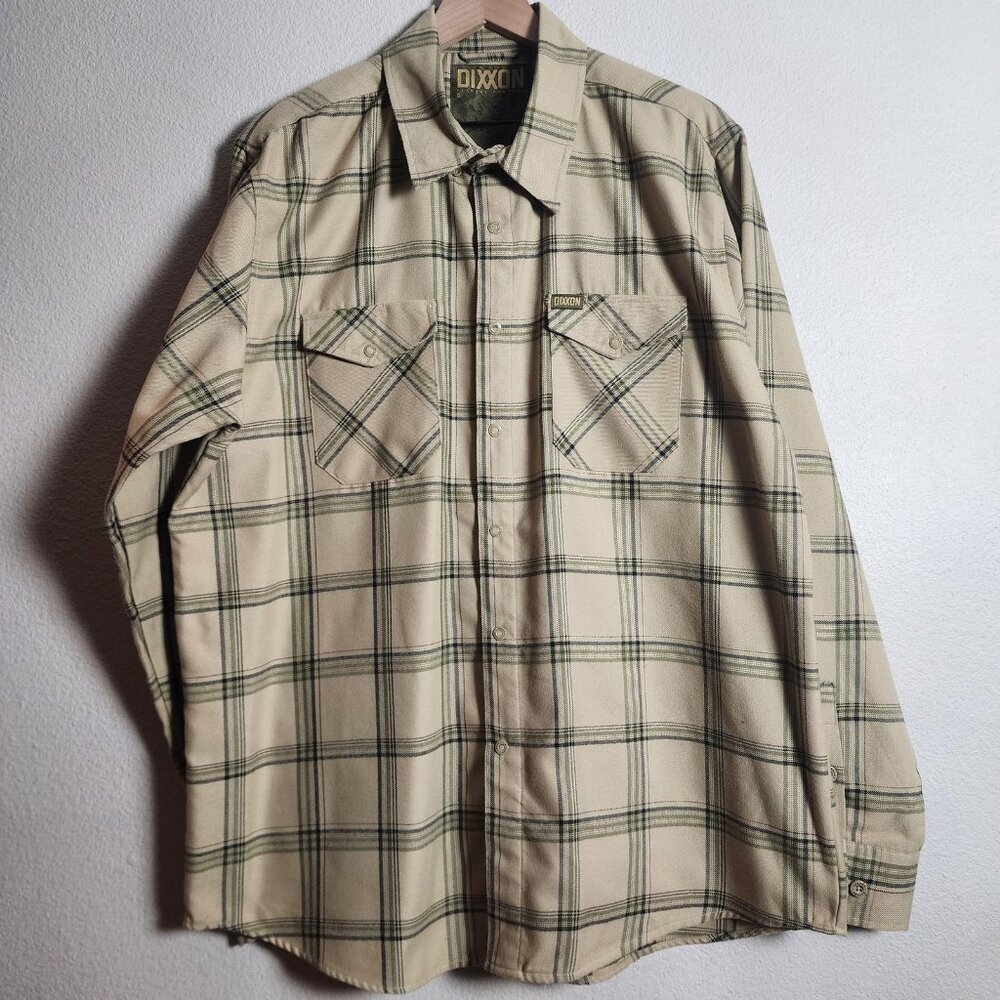 Dixxon Flannel Shirt Mens XL Tan Green Plaid Covert D-Tech Workwear Button Up